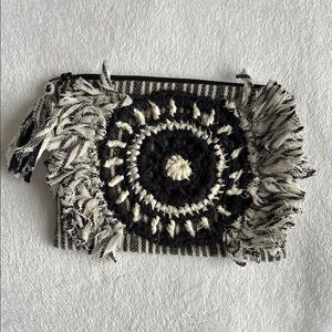 Cost Plus World Market Dark Navy Blue and Cream Fringe Makeup Bag